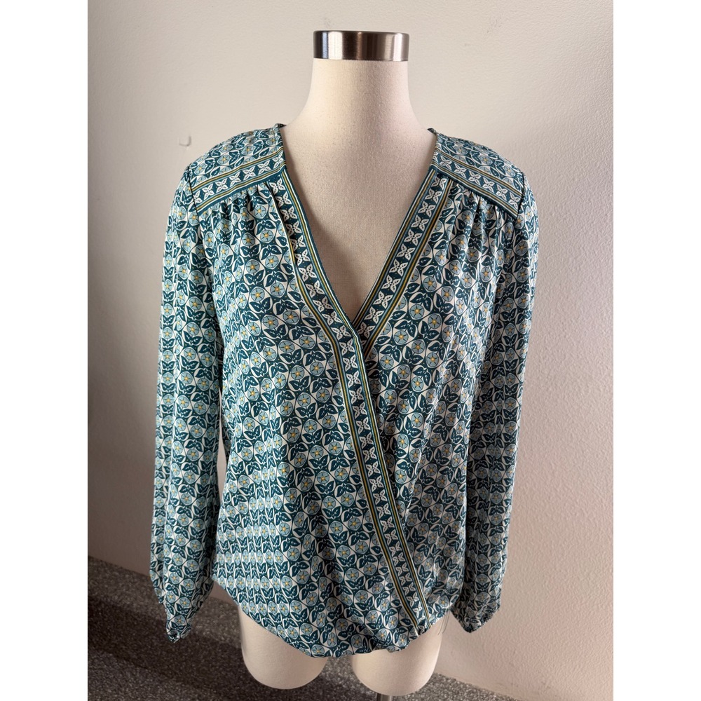 Max Studio Womens Medium Teal Blue Floral Faux Wrap Blouse Long Sleeve